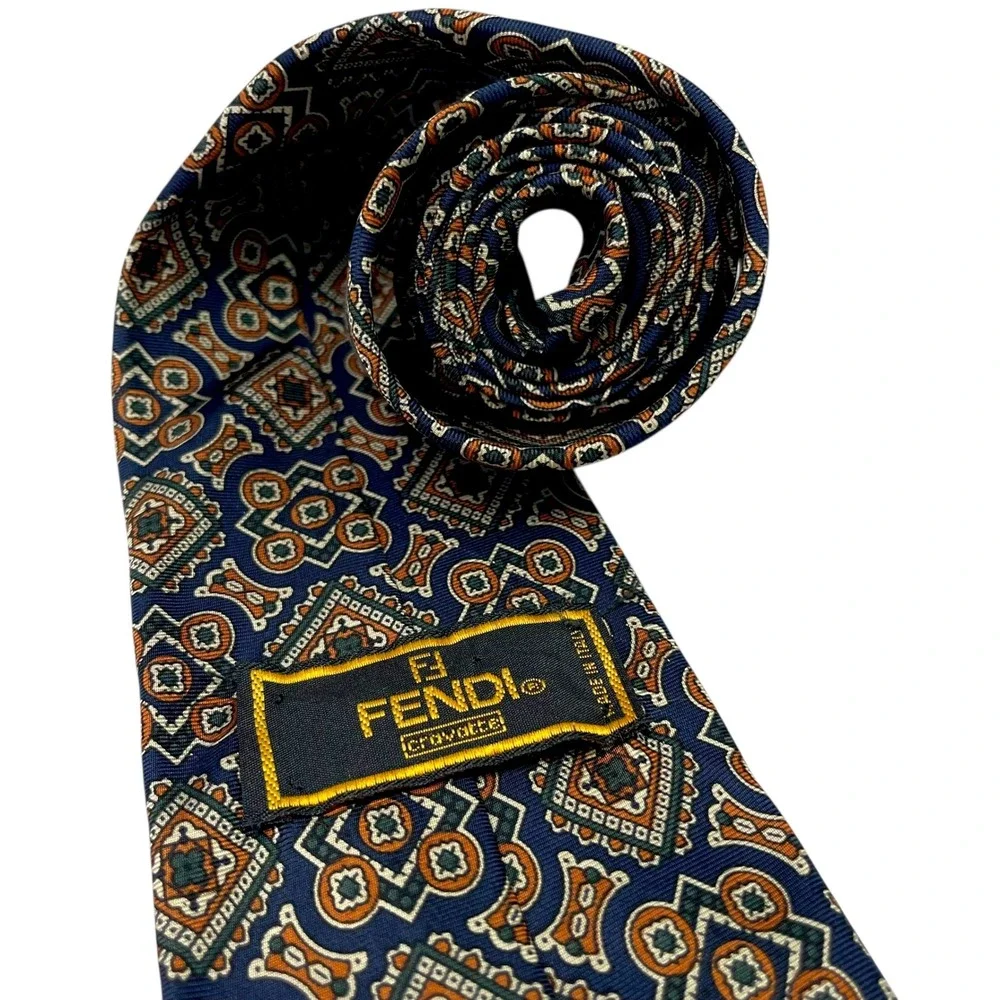 FENDI Cravatte Mens Silk Tie Navy Blue Orange Geometric Medallion Made in Italy‎